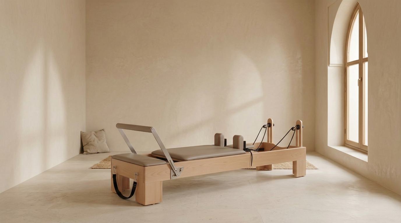 Reformer Pilates en bois clair installé dans un intérieur marocain lumineux