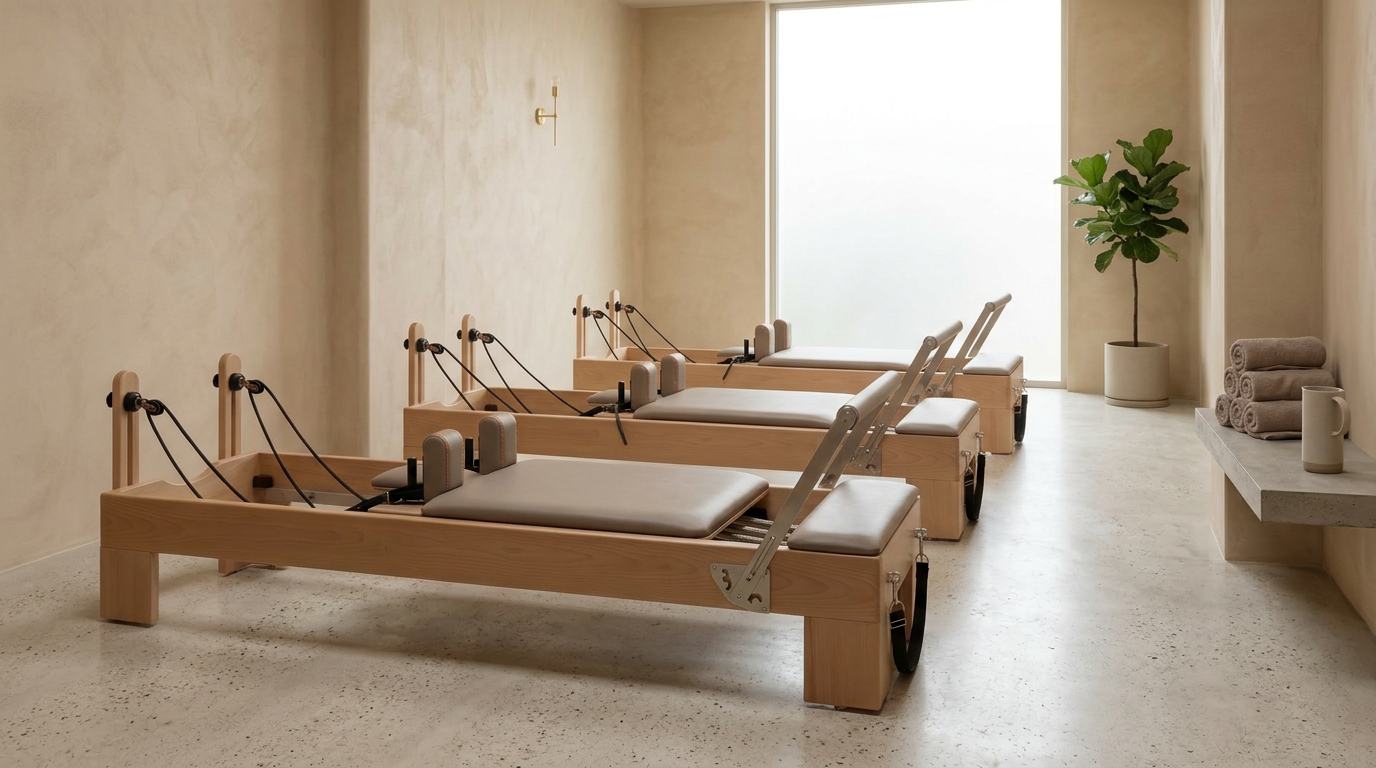 Studio de Pilates équipé de reformers amia en hêtre massif